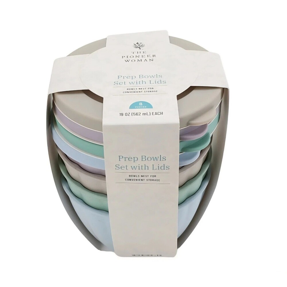 Pioneer Woman 8-Piece Melamine Prep Bowl Set Lids Nest for Storage Kitchen Gift